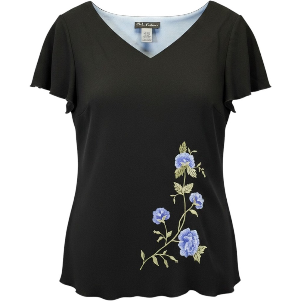 VTG SL Fashions Floral Top Women Size 14 Black Blue Embroidered‎ Flutter Sleeve